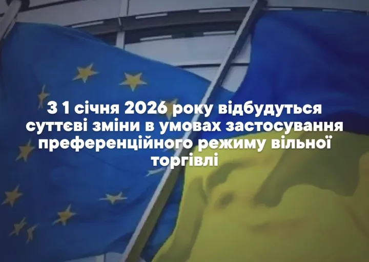 У верхньому лівому куті — логотип Державної митної служби України. На зображенні також розміщено повідомлення про важливі зміни: з 1 січня 2026 року набудуть чинності нові умови застосування преференційного режиму вільної торгівлі. Внизу — контактна інформація та іконки соцмереж, що вказують на доступність служби для громадян.